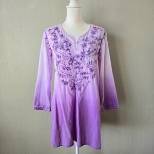 Simi Cotton Floral Embroidered Lightweight Tunic Top Purple Ombre M Beachy Boho